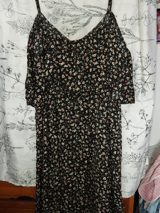 Black Floral Ruffle Mini Dress with Spaghetti Straps - Picture 4 of 5